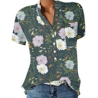 Блуза Секојдневен Краток Ракав Цветни Врвови Хенли Мода За Жени Темно Зелена 2XL