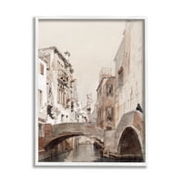 Слупени индустрии заоблен мост над каналот Чуден градски згради сликање бела врамена уметничка печатена wallидна уметност, дизајн