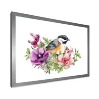 DesignArt „Симпатична птица во виолетова и розова цвеќиња“ Традиционално врамен уметнички принт