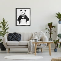 Студената индустрија црно -бела панда мечка правејќи срцево мастило илустрација џет црно врамен лебдечки платно wallидна уметност,