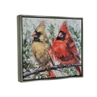 Слупел Две кардинали ги искривуваат зимските дрвја животни и инсекти сликање сив пловиј врамен уметнички печатен wallид уметност