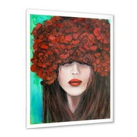 DesignArt 'Портрет на млада дама со модерен врамен уметнички принт на црвени цвеќиња