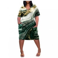 Женски Фустани Должина На Коленото Краток Ракав Мода А-Линија Печатени Лето V-Вратот Фустан Црна XL