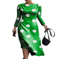 Дами Миди Фустан Долги Ракави Фустани Цветни Печати Секси Екипажот Вратот Партија Зелена М