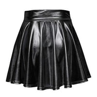 фрески фустани за женски обични модни сјајни метални разгорени плисирани а-линија мини здолниште црно