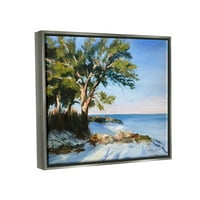 Летни плажа крајбрежни дрвја пејзаж сликарство сјај сива врамена уметничка печатена wallидна уметност